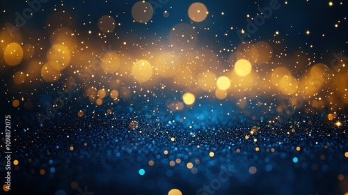 Abstract blue and gold background of binary code combined with bokeh effects, representing modern technology, data communication, and innovation.