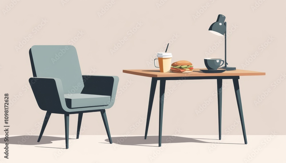 Fototapeta premium Office lunch break setup, modern chair and table with sandwich, drinks, and lamp for a cozy work environment