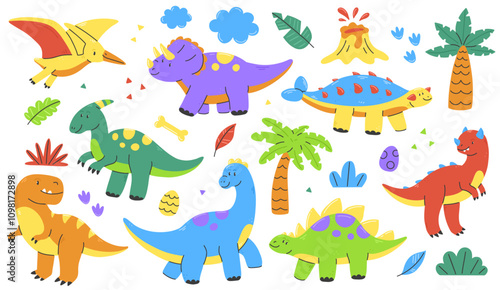 Cute colorful cartoon dinosaurs set. Vector flat children's illustration with multicolored dinosaurs isolated on a white background.