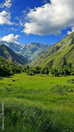 Wallpaper Mural Majestic mountain landscape with lush green valleys and snow-capped peaks captured on a sunny day Torontodigital.ca