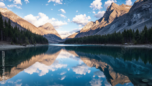 A serene lake reflects majestic mountains and a clear blue sky, surrounded by dense pine forests.