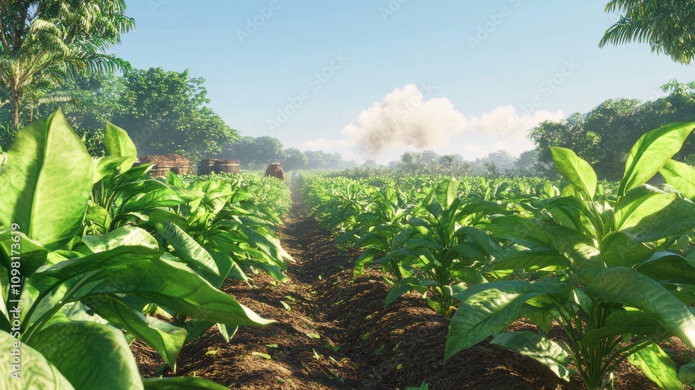 Obraz premium Lush green tobacco plantation. The sky is blue and the sun is shining