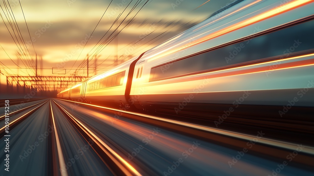 Obraz premium Blurred High Speed Train Journey with Orange Sunset on the Horizon : Generative AI