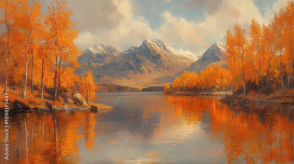 Fototapeta premium A serene autumn landscape featuring mountains, a reflective lake, and vibrant orange foliage.