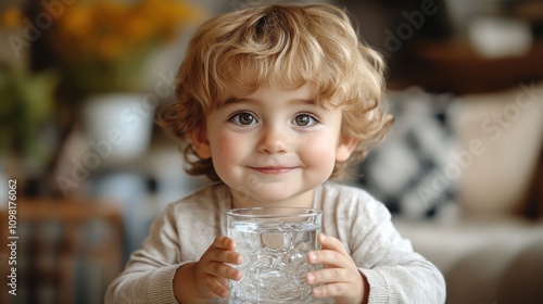 Adorable curly-haired child holding a glass of water, healthy hydration concept, clean drinking, innocent expression, wholesome lifestyle, purity, natural background, fresh inspiration.