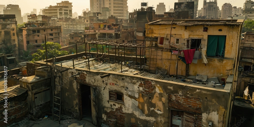 Fototapeta premium Urban rooftops in a bustling city during golden hour.