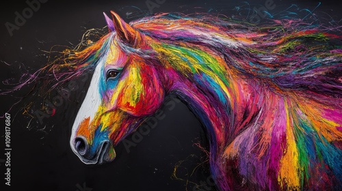 A stunning abstract illustration of a horse in vibrant, swirling colors against a dark background. The flowing mane and dynamic brushstrokes bring energy and life, perfect for bold, artistic concepts