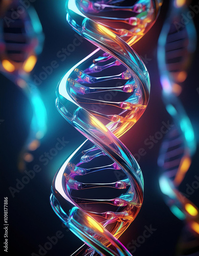Transparent DNA molecule made of glass, filled with beautiful glowing neon