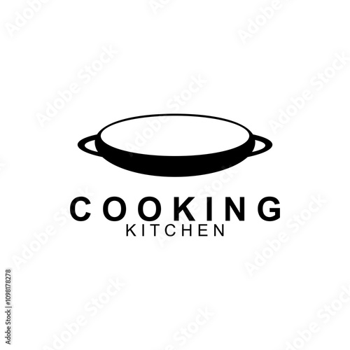 Vintage black frying pan logo design. Rustic kitchen using black frying pan logo design template. Modern and minimal cooking utensil logo design.