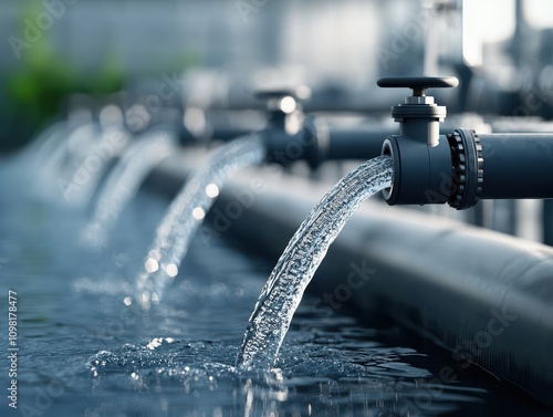 Close-up of water streaming from industrial pipes in a filtration system, emphasizing clean water flow and modern infrastructure.
