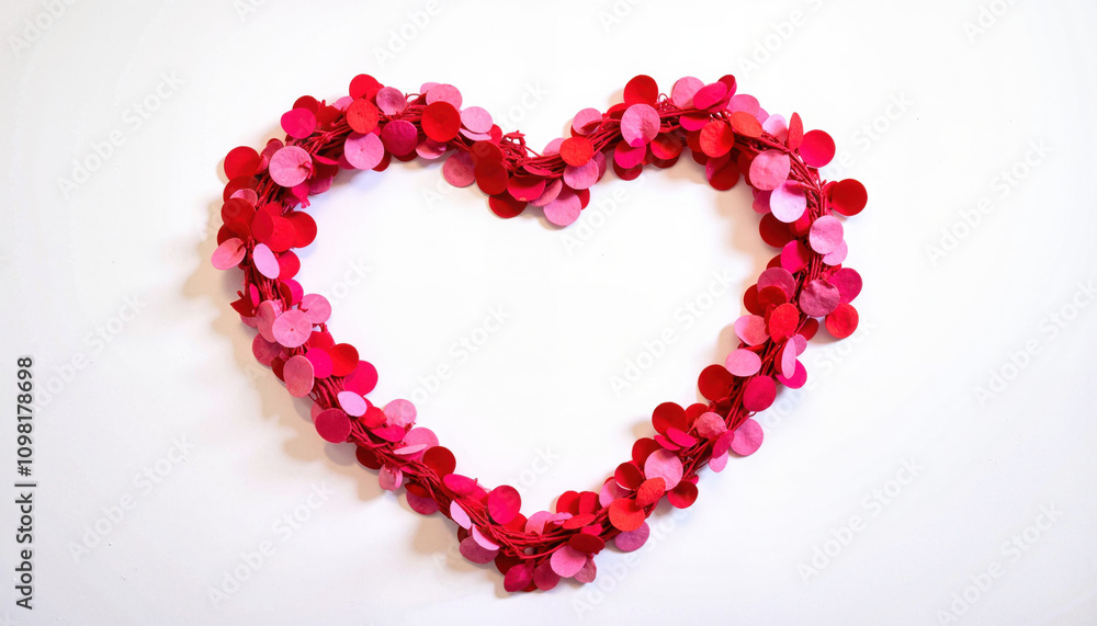 Obraz premium Heart-shaped confetti wreath in pink and red tones on white background