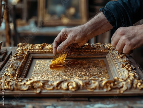 Close-up of a craftsman’s hands meticulously applying gold leaf to a decorative wooden frame, showcasing traditional gilding techniques.
