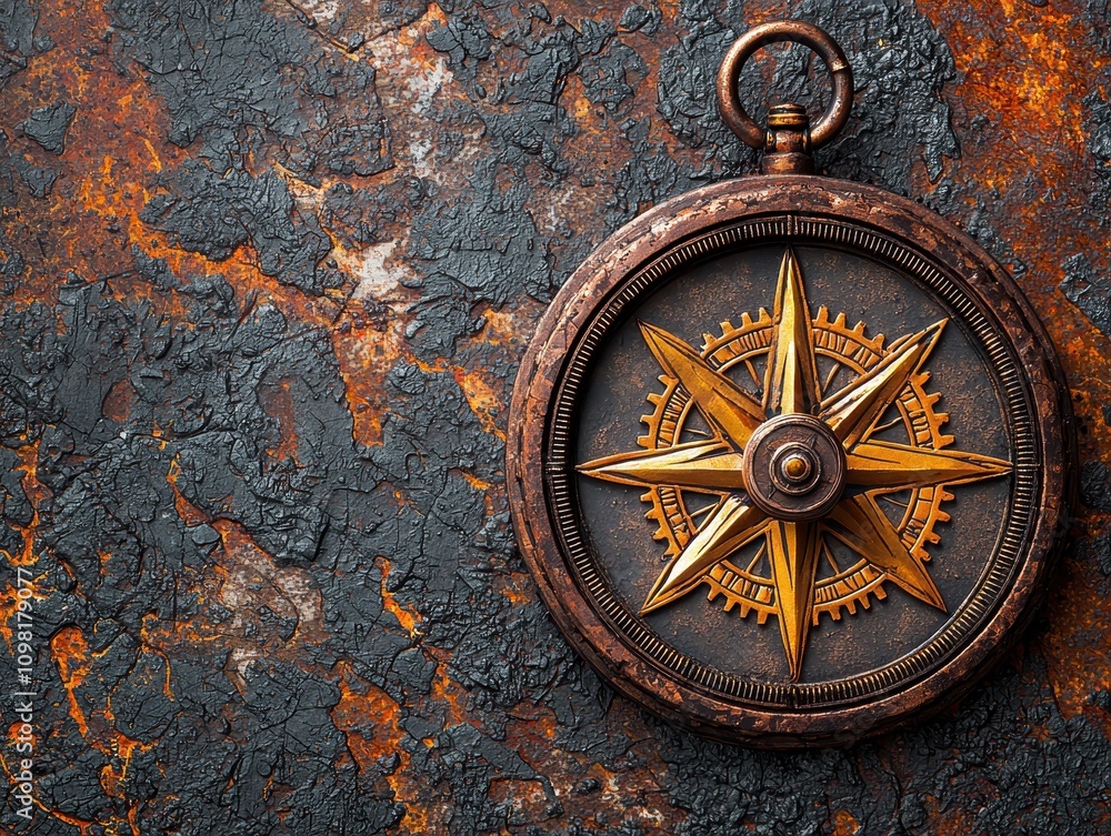 A close-up of a vintage bronze compass with a golden compass rose ...