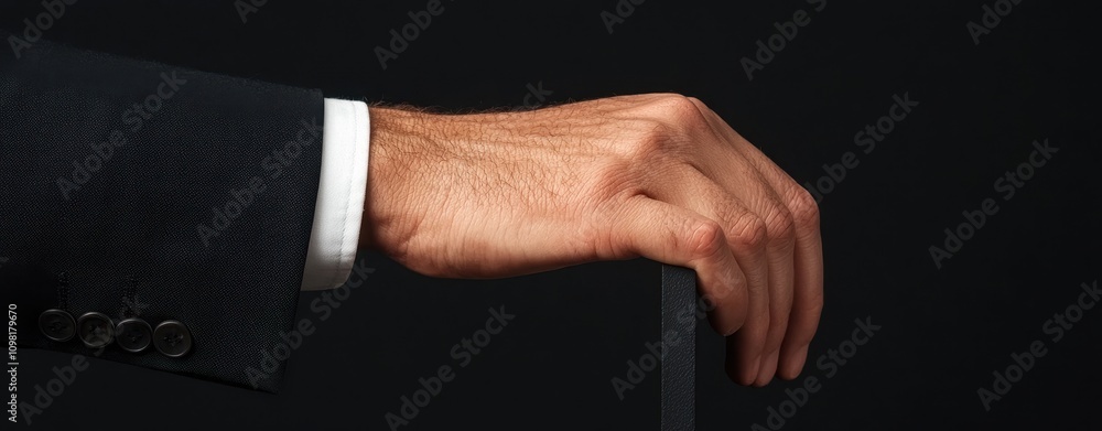 Obraz premium A close-up image of a businessman’s hand resting on a chair back, showcasing professional attire against a black background.