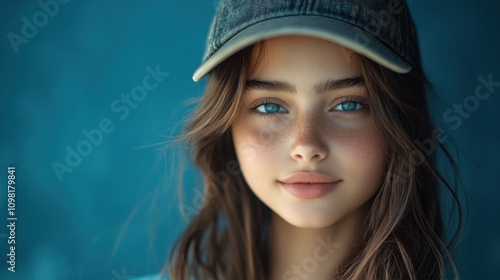 Close-up portrait of young woman with freckles and denim cap, striking blue background, serene expression, natural beauty, soft lighting, stylish youthful look. photo