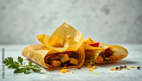 Plastic free kitchen concept. Beeswax wraps with food on them isolated highlighted by white, png photo