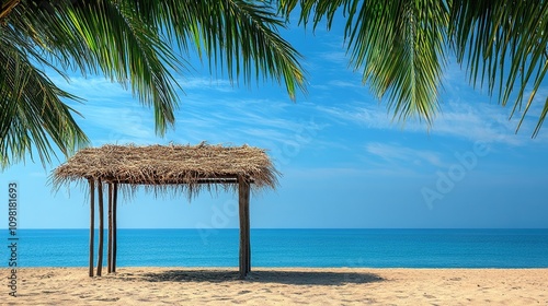 Simple sukkah booth with palm branches as roofing, set on a sandy beach under a blue sky, representing the Sukkot celebration in a serene coastal setting.  photo