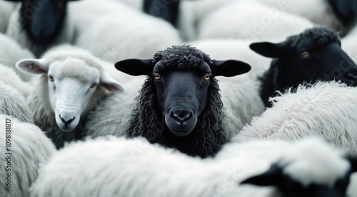 Un troupeau de moutons blancs entourant un mouton noir regardant la caméra.