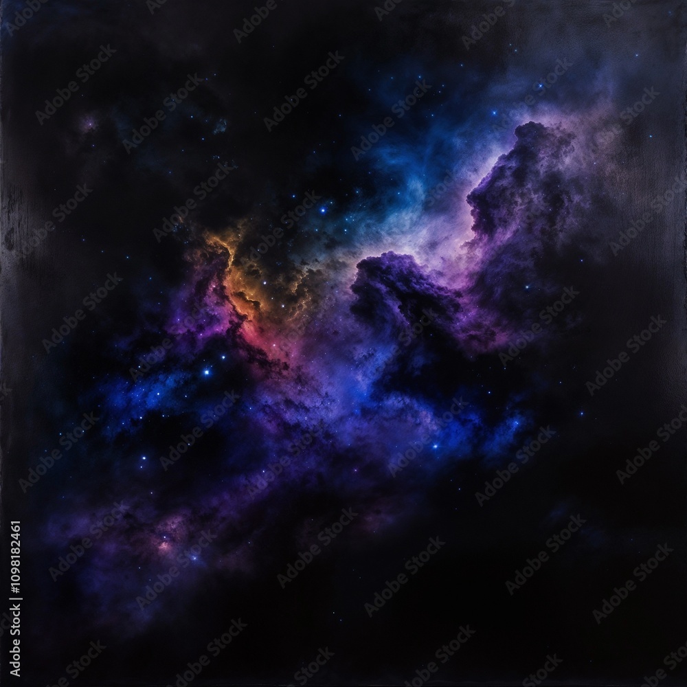 Obraz premium Cosmic Nebula: A vibrant swirl of purple, orange, and blue hues paint a breathtaking celestial landscape.