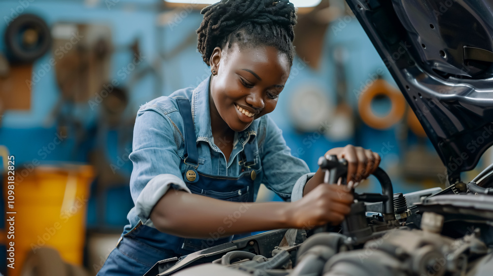 Obraz premium Young African female mechanic checking the oil level in a car engine, smiling while performing maintenance.