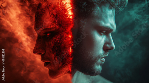 Half good and half evil man emerging from red and blue smoke, representing duality of character