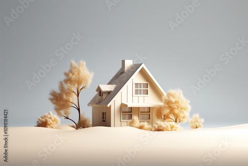 Obraz na płótnie Cartoon illustration of a cozy house in winter, surrounded by snow and winter elements, evoking a warm, homey atmosphere w salonie
