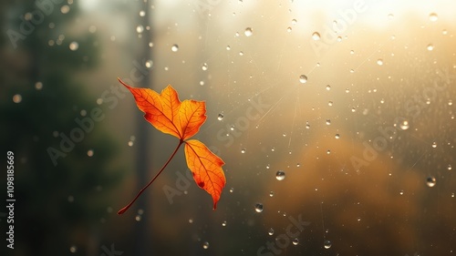 A Single Autumn Leaf Adheres to a Window Pane as Rain Drops Fall Through the Light photo