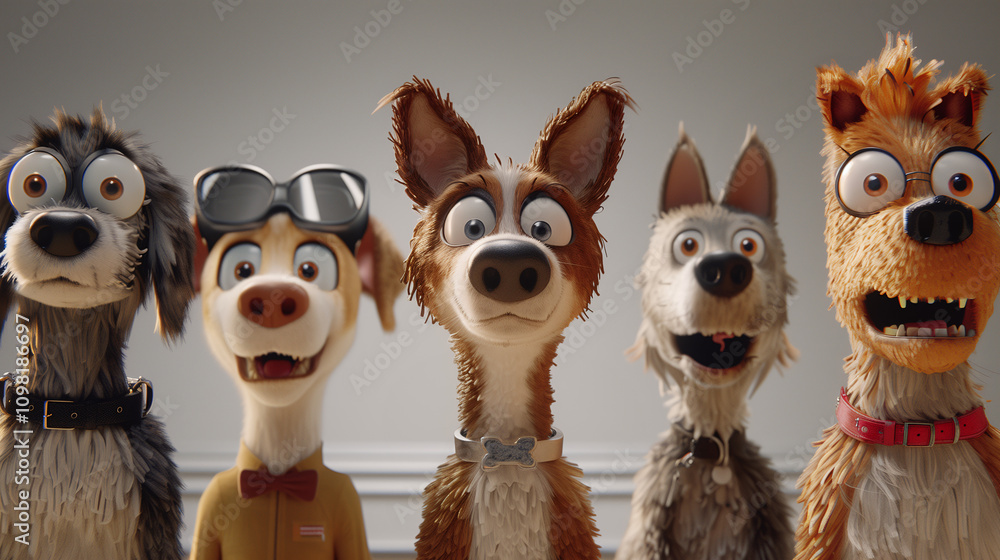 Fototapeta premium Grupo de perros de peluche con expresiones divertidas