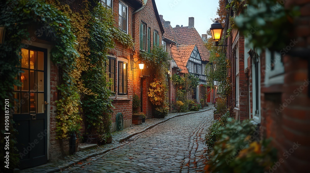Fototapeta premium Picturesque cobblestone street with ivy-clad brick houses and vintage lamps glowing warmly, as dusk envelops the charming town.