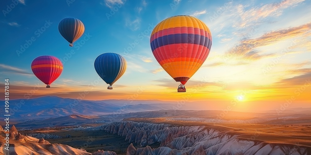 Obraz premium Colorful hot air balloons soar over a stunning desert landscape at sunset. created by ai