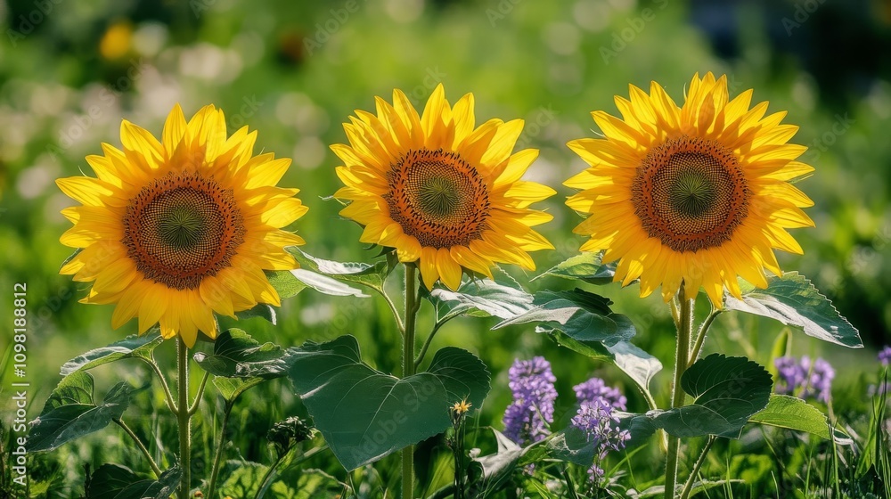 Fototapeta premium Sunshine and sunflowers, outdoor nature landscapes.