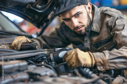 Electric vehicle mechanic performing maintenance on EV battery, electric charging station photo