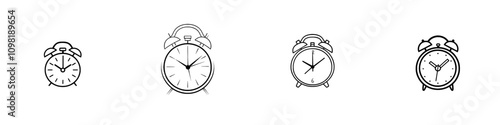 An illustration of an alarm clock engraving in  format, imitating scratchboard style, hand-drawn in black and white.