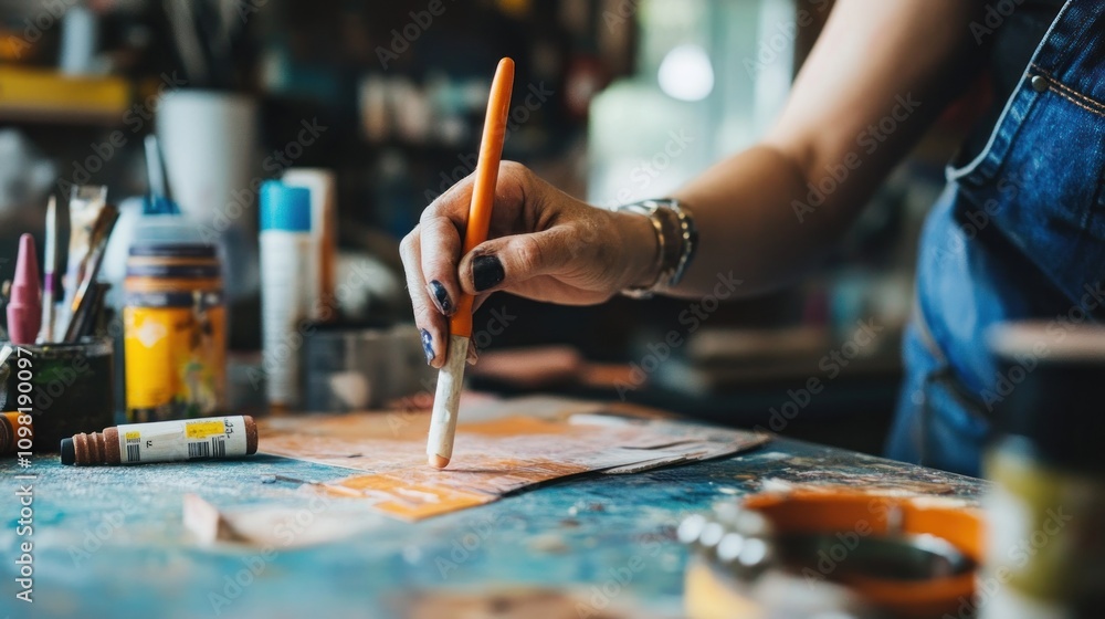 Fototapeta premium Artist's Hand Painting on Canvas in Workshop