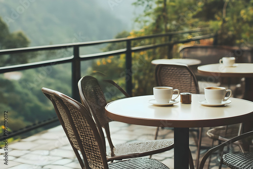 Two cups of coffee rest on a stylish table at a tranquil mountainside cafe amid vibrant nature photo