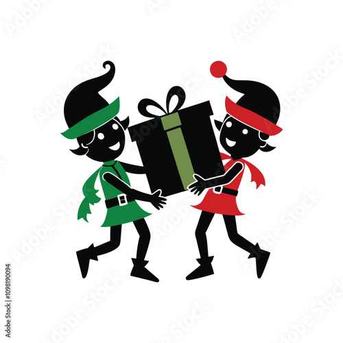 Two elves lifting a big present together in festive celebration ideal for joyful holiday visuals