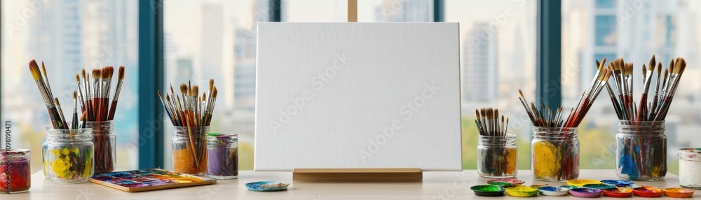 Fototapeta premium A blank canvas on an artist's desk surrounded by paint supplies.