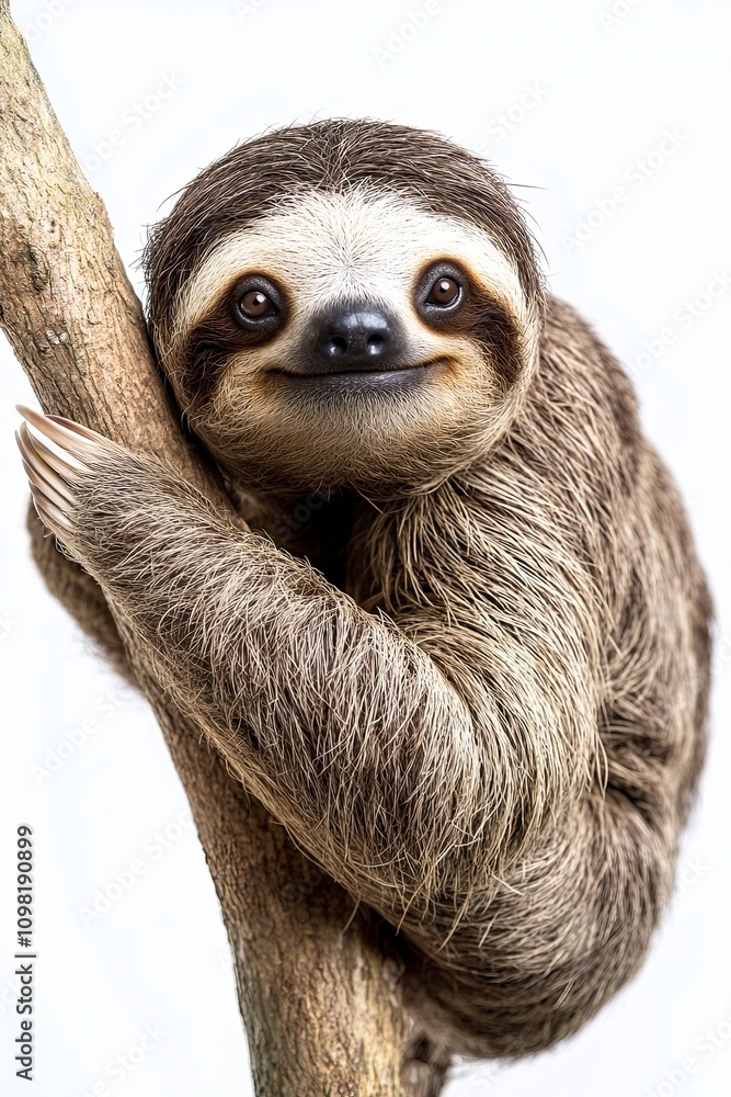 Fototapeta premium Sloth, animal on white background, isolated, funny animal hanging on a tree branch and scratching its belly.