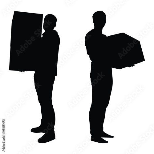 Delivery men holding box silhouette vector set on white background 