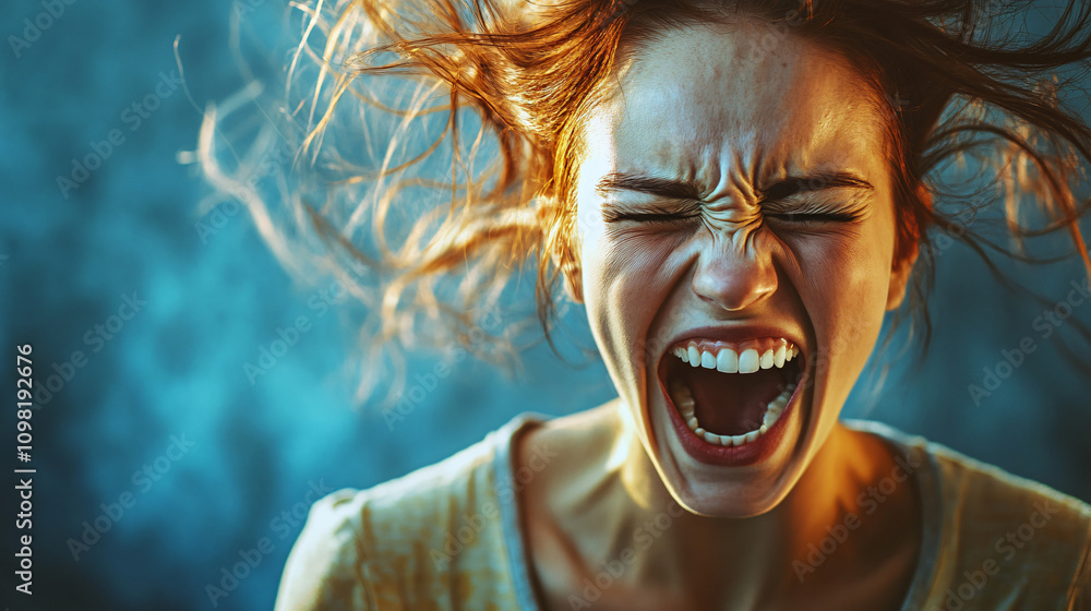 Obraz premium Intense portrait of a young woman with wild, messy hair screaming in frustration and anger against a vibrant teal background