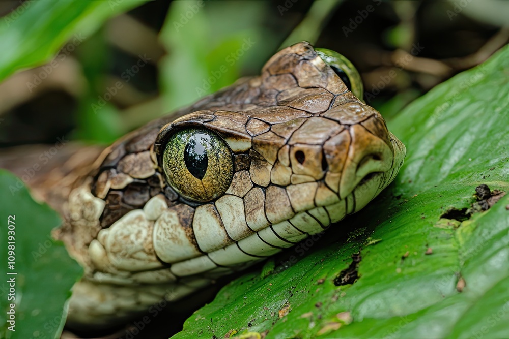 Obraz premium Snake eye, green wildlife nature photography. Fur of a carnivore with open eyes. Dangerous predatory animal in the tropical jungle, forest hunter.