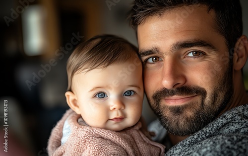 Closeup of a new dad holding his young baby, fatherhood concept, tender moment, love and care, Fathers Day celebration, family bonding photo