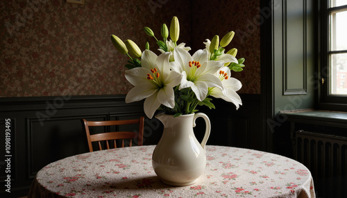 White lilies in ceramic pitcher on floral tablecloth indoors