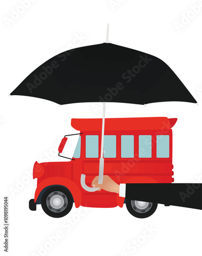 Hand hold umbrella in front of bus. vector illustration