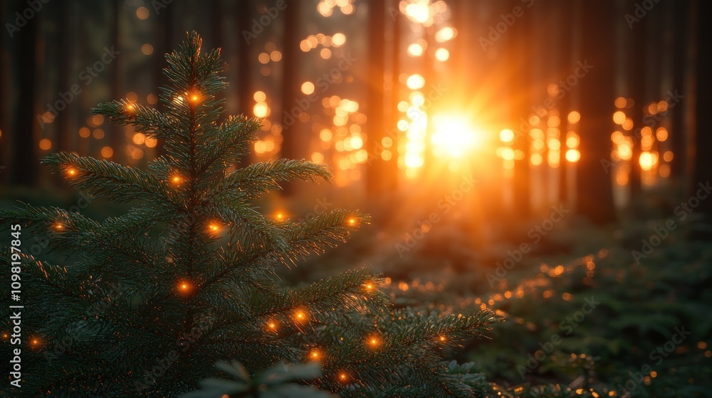 Obraz premium A small pine tree with fairy lights in the forest at sunset.