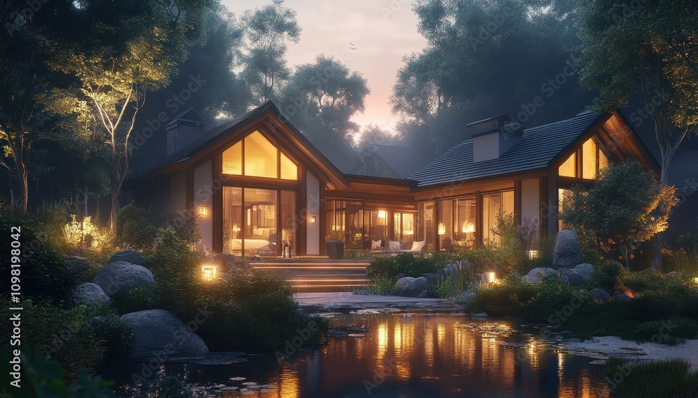 Fototapeta premium A Modern Cabin in the Woods Illuminated by Warm Lights and Surrounded by a Pond