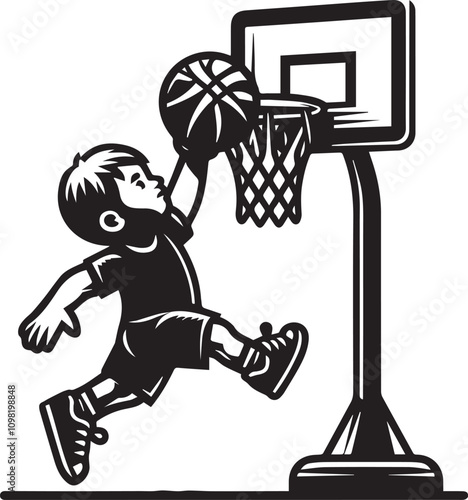 Child Jumping to Shoot a Basketball. A stylized black and white illustration of a young kid mid-jump, shooting a basketball towards a hoop.