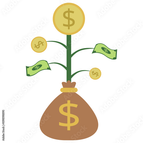 Money tree growing from a bag with coins and dollar bills, symbolizing investment, financial growth, wealth, and economic prosperity. photo