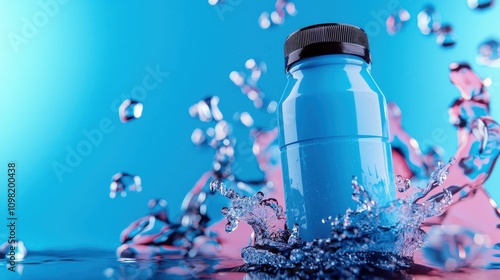 Dynamic splash of blue drink bottle studio setting high-quality photography vibrant colors close-up refreshment concept