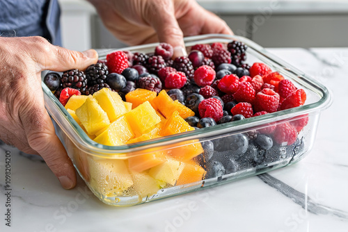 Person arranging neatly sliced fruits into a glass meal prep container